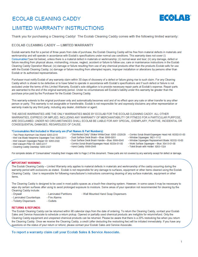 Cleaning Caddy Limited Warranty Instructions Customer